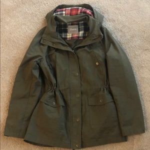 Green Anorak zip/button up jacket with plaid hood